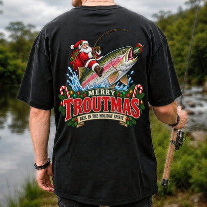 Merry Troutmas Reel in the Holiday Spirit Santa Riding Rainbow Trout Christmas Fishing T-Shirt | Back Print