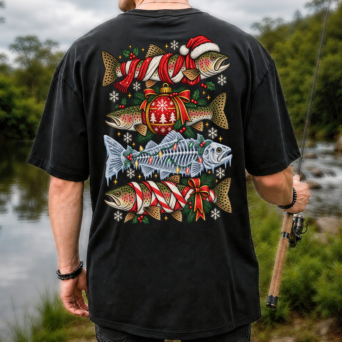 Christmas Rainbow Trout and Fish Skeleton Fishing Graphic T-Shirt | Back Print