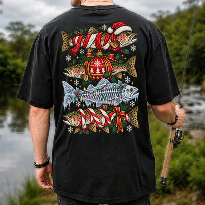 Christmas Rainbow Trout and Fish Skeleton Fishing Graphic T-Shirt | Back Print