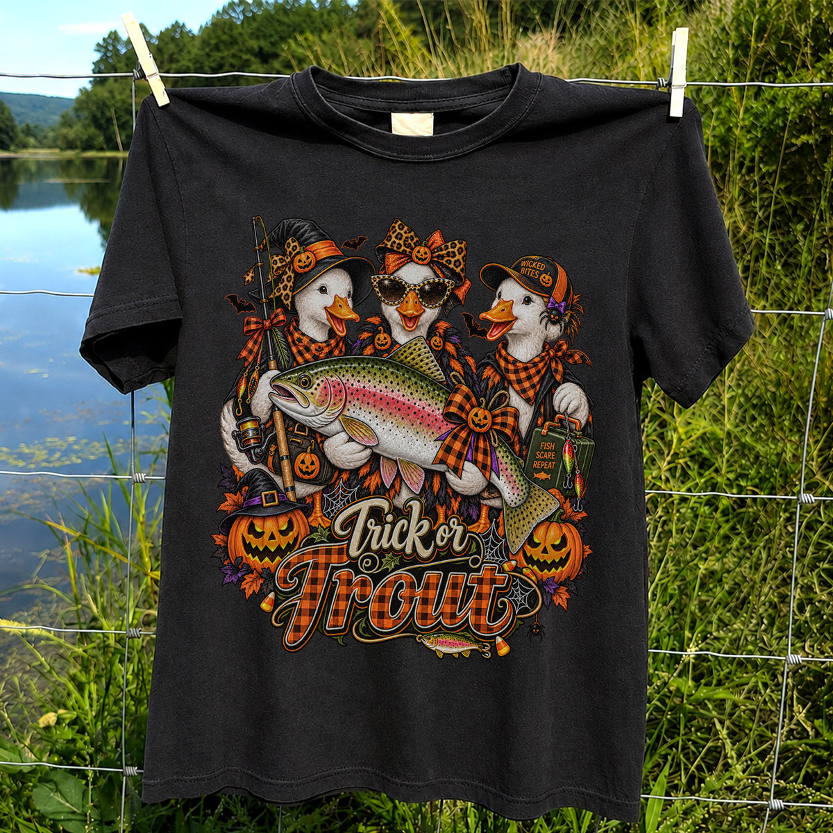 Trick or Trout Halloween Ducks with Rainbow Trout and Pumpkins Fishing T-Shirt