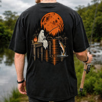 Ghost Fishing for Rainbow Trout Under an Orange Moon Halloween T-Shirt | Back Print
