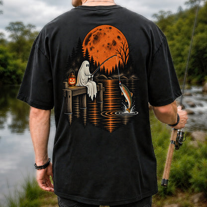 Ghost Fishing for Rainbow Trout Under an Orange Moon Halloween T-Shirt | Back Print
