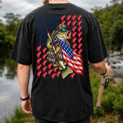 Patriotic Bass Fishing Graphic T-Shirt with American Flag Design | Back Print