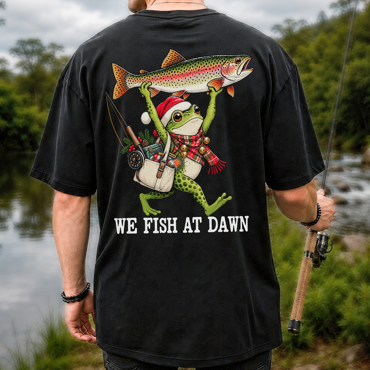 Frog Holding Rainbow Trout Fishing at Dawn Graphic T-Shirt | Back Print