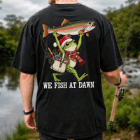 Frog Holding Rainbow Trout Fishing at Dawn Graphic T-Shirt | Back Print
