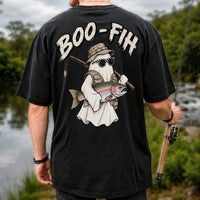 Boo-Fih Ghost Holding Rainbow Trout Halloween Fishing T-Shirt | Back Print