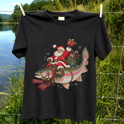 Santa Riding a Festive Rainbow Trout Christmas Fishing Graphic T-Shirt