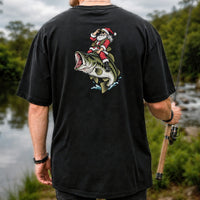 Santa Riding Largemouth Bass Christmas Fishing Graphic T-Shirt | Back Print