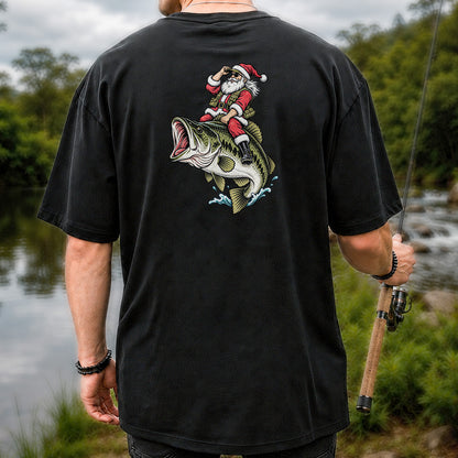 Santa Riding Largemouth Bass Christmas Fishing Graphic T-Shirt | Back Print