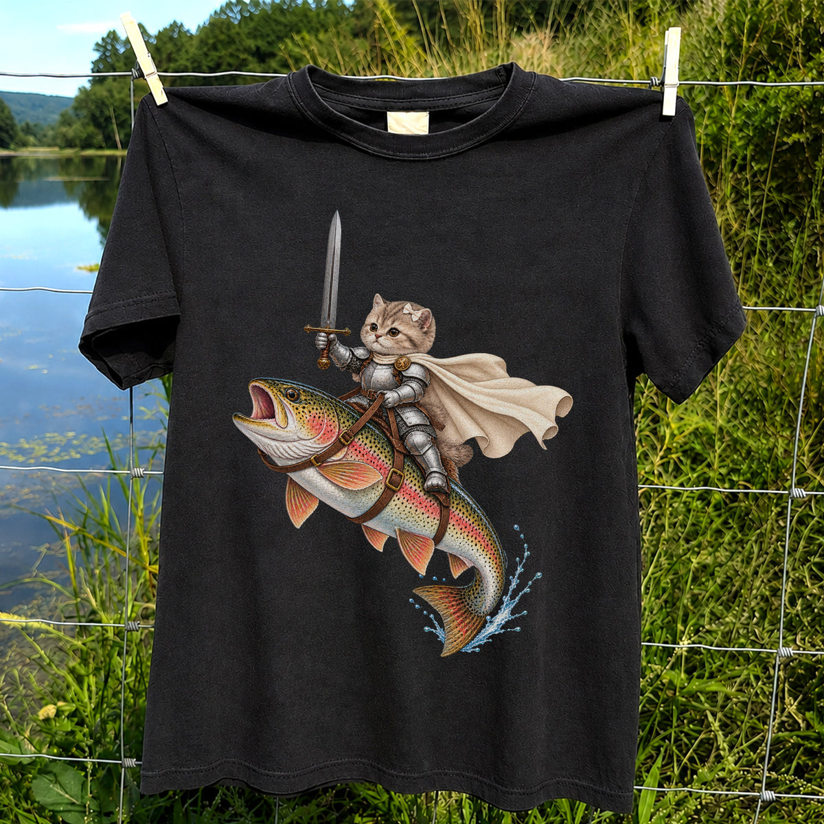 Cat Knight Riding a Rainbow Trout Fishing Graphic T-Shirt