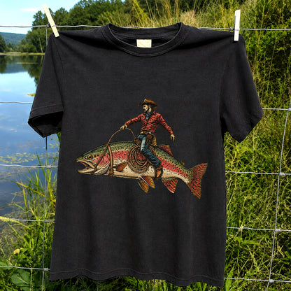 Cowboy Riding Rainbow Trout T-Shirt Vintage Western Fishing Tee