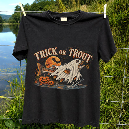 Trick or Trout Ghost Fish Halloween Fishing T-Shirt