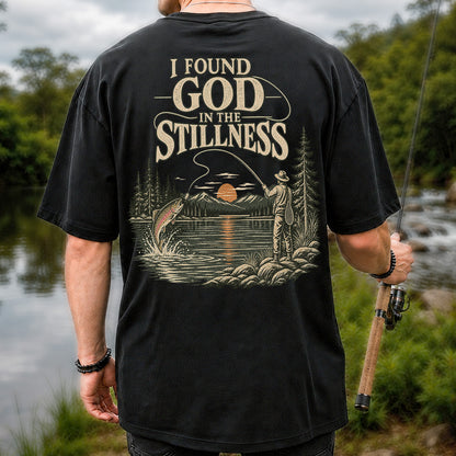 I Found God in the Stillness Trout Fly Fishing Sunset T-Shirt | Back Print