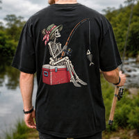 Skeleton Woman Fishing on a Cooler with Fish Bones Graphic T-Shirt | Back Print