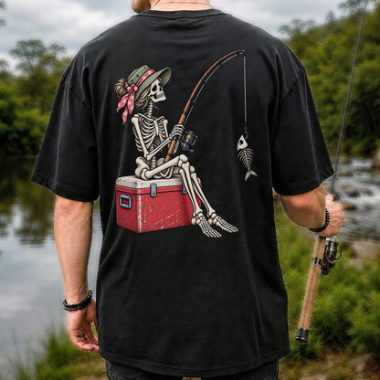 Skeleton Woman Fishing on a Cooler with Fish Bones Graphic T-Shirt | Back Print