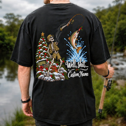Skeleton Angler Christmas Fishing Personalized Graphic T-Shirt | Back Print