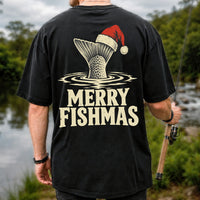 Merry Fishmas Santa Hat Trout Fishing Graphic T-Shirt | Back Print