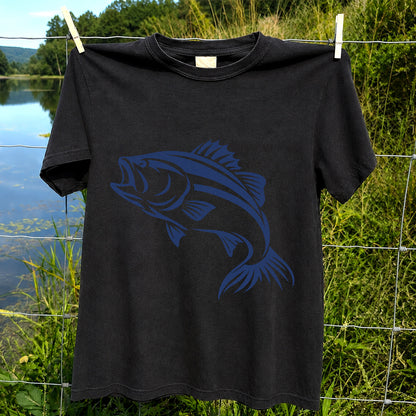 Blue Bass Fishing Line Art Graphic T-Shirt