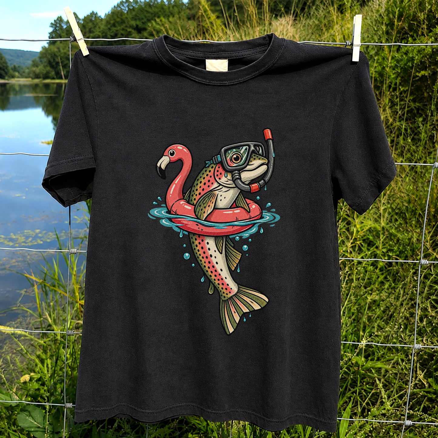 Rainbow Trout Snorkeling in a Flamingo Float Fishing Graphic T-Shirt