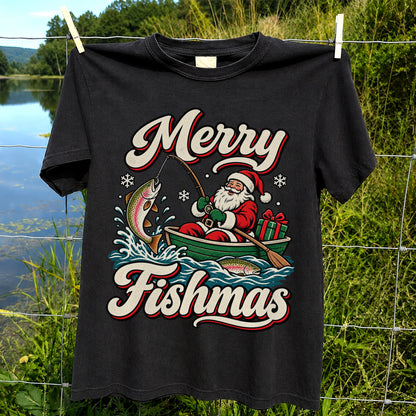 Merry Fishmas Santa Catching Rainbow Trout in a Boat Fishing T-Shirt