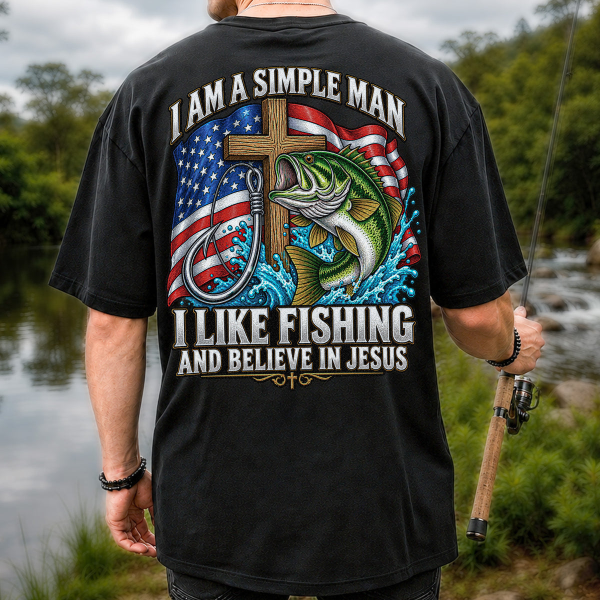American Flag Bass Fishing Faith Patriotic Graphic T-Shirt | Back Print