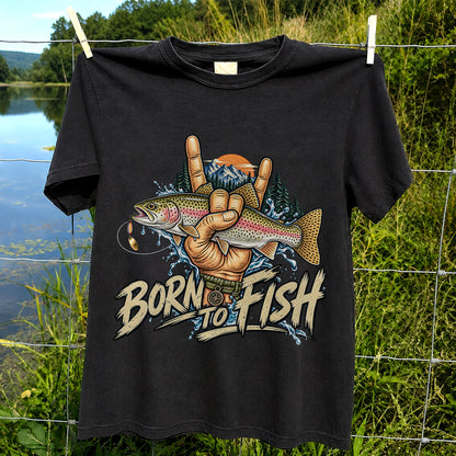 Born to Fish Rainbow Trout Rock Hand Sign Fishing T-Shirt