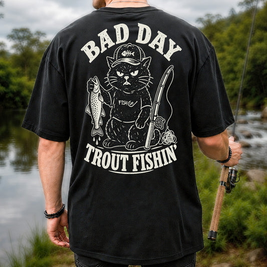 Bad Day Trout Fishin' Fish On Grumpy Black Cat Fishing T-Shirt | Back Print