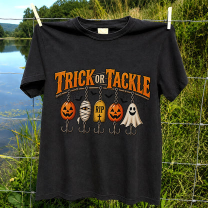 Trick or Tackle Pumpkin Ghost and Mummy Fishing Lures Halloween T-Shirt