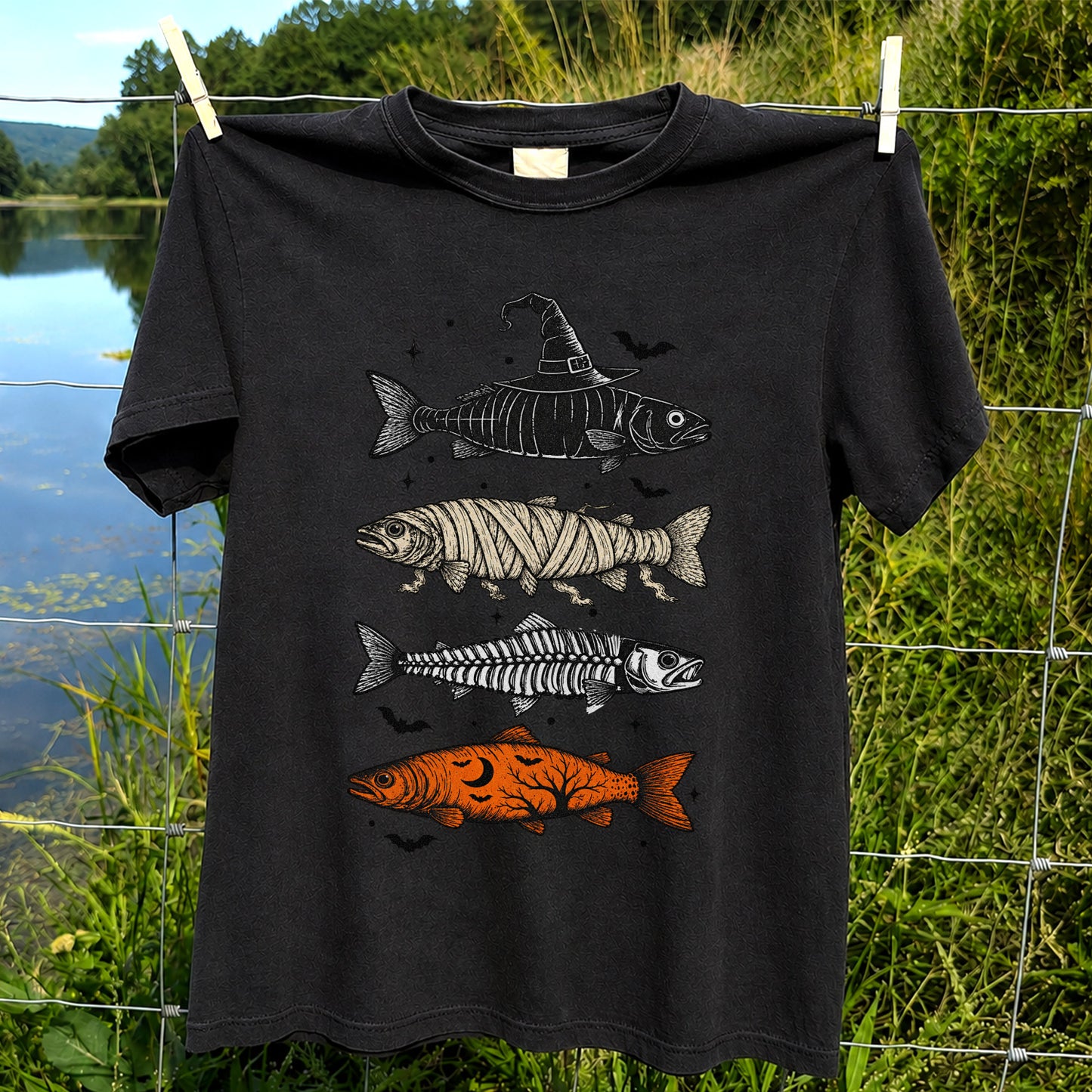 Halloween Witch Mummy Skeleton and Pumpkin Fish Graphic T-Shirt