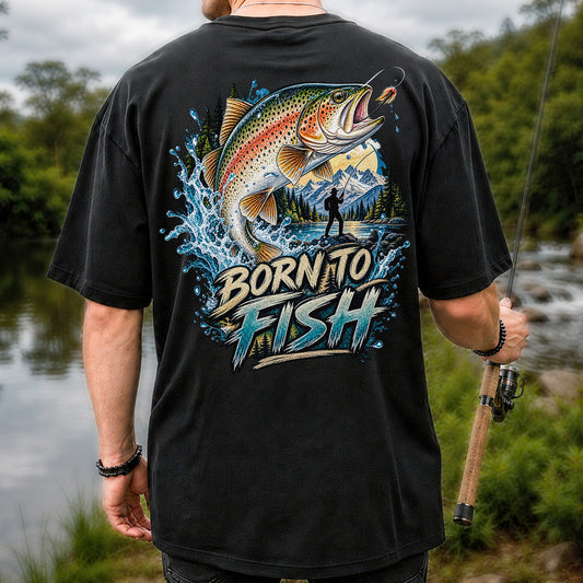 Born to Fish Rainbow Trout Fly Fishing Graphic T-Shirt | Back Print