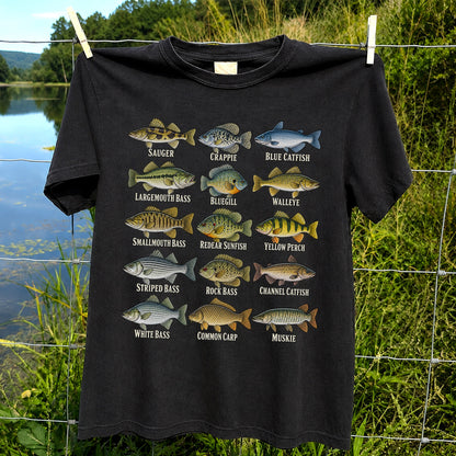 Bass Crappie and Catfish Freshwater Fish Chart Graphic T-Shirt