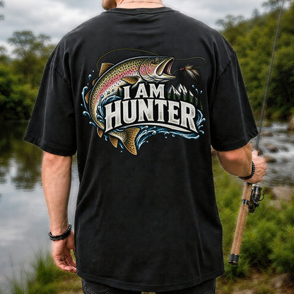 I Am Hunter Rainbow Trout Fly Fishing Mountain Graphic T-Shirt | Back Print