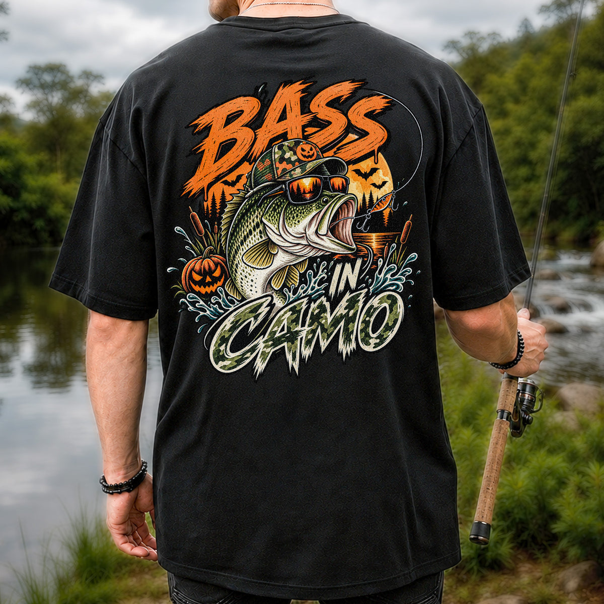 Bass in Camo Halloween Pumpkin Bass Fishing Graphic T-Shirt | Back Print