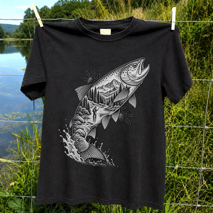 Leaping Trout with Mountain River and Angler Fishing Graphic T-Shirt