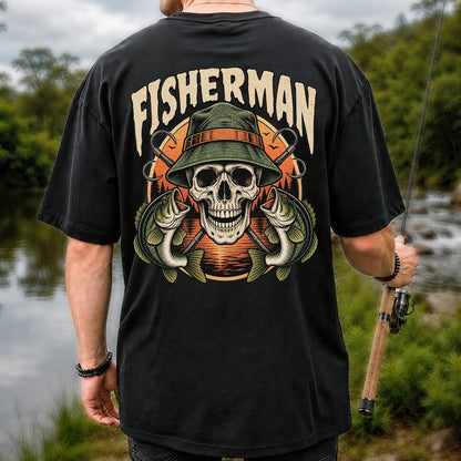 Fisherman Skull with Bucket Hat and Bass Fishing Graphic T-Shirt | Back Print