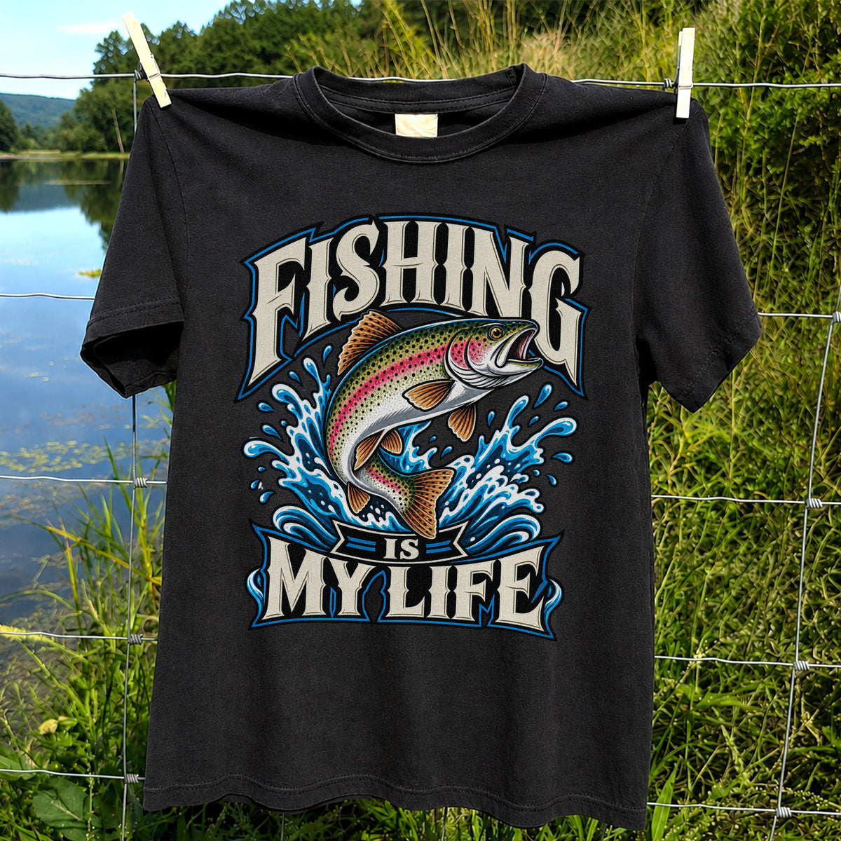 Fishing Is My Life Jumping Rainbow Trout Graphic T-Shirt