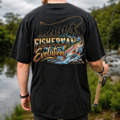 Fisherman Evolution Rainbow Trout Fly Fishing Graphic T-Shirt | Back Print
