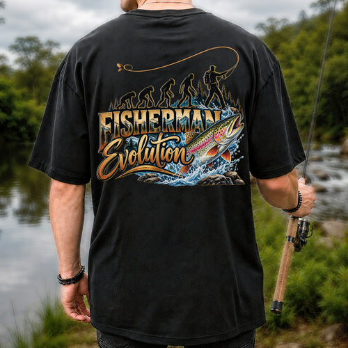 Fisherman Evolution Rainbow Trout Fly Fishing Graphic T-Shirt | Back Print