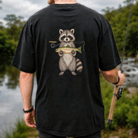 Cute Raccoon Holding Rainbow Trout Fly Fishing Graphic T-Shirt | Back Print