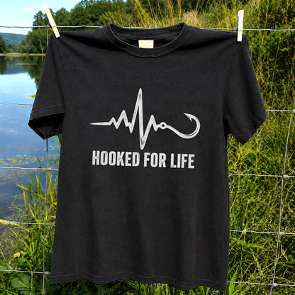 Hooked for Life Fishing Hook Heartbeat Graphic T-Shirt