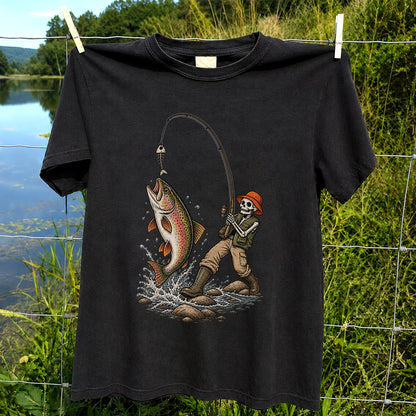 Skeleton Angler Catching Trout Dark Humor Fishing T-Shirt