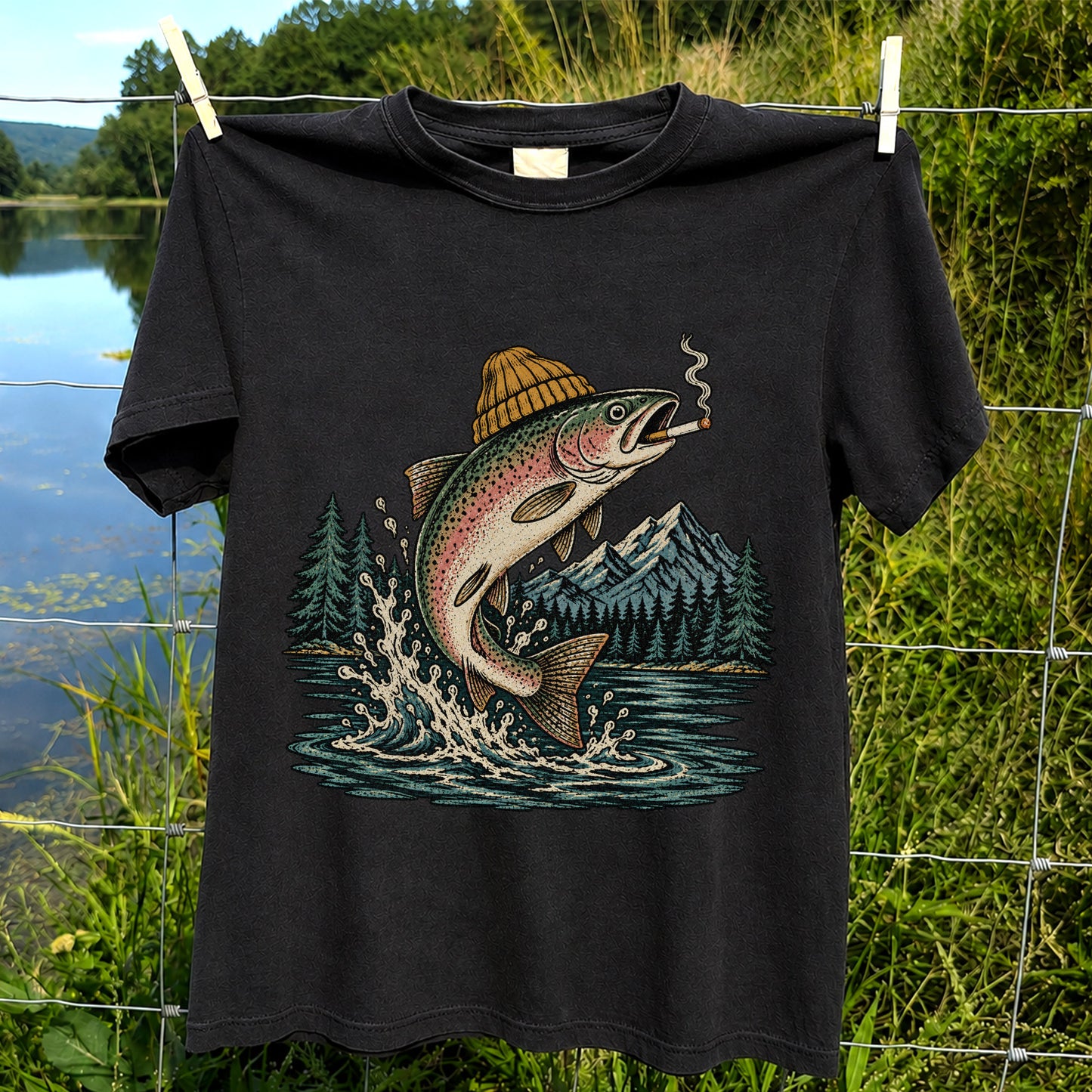 Rainbow Trout in Beanie Smoking and Jumping from Lake Graphic T-Shirt