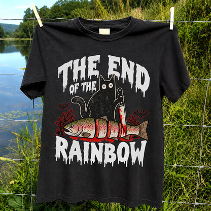 The End of the Rainbow Black Cat and Rainbow Trout Halloween Fishing T-Shirt