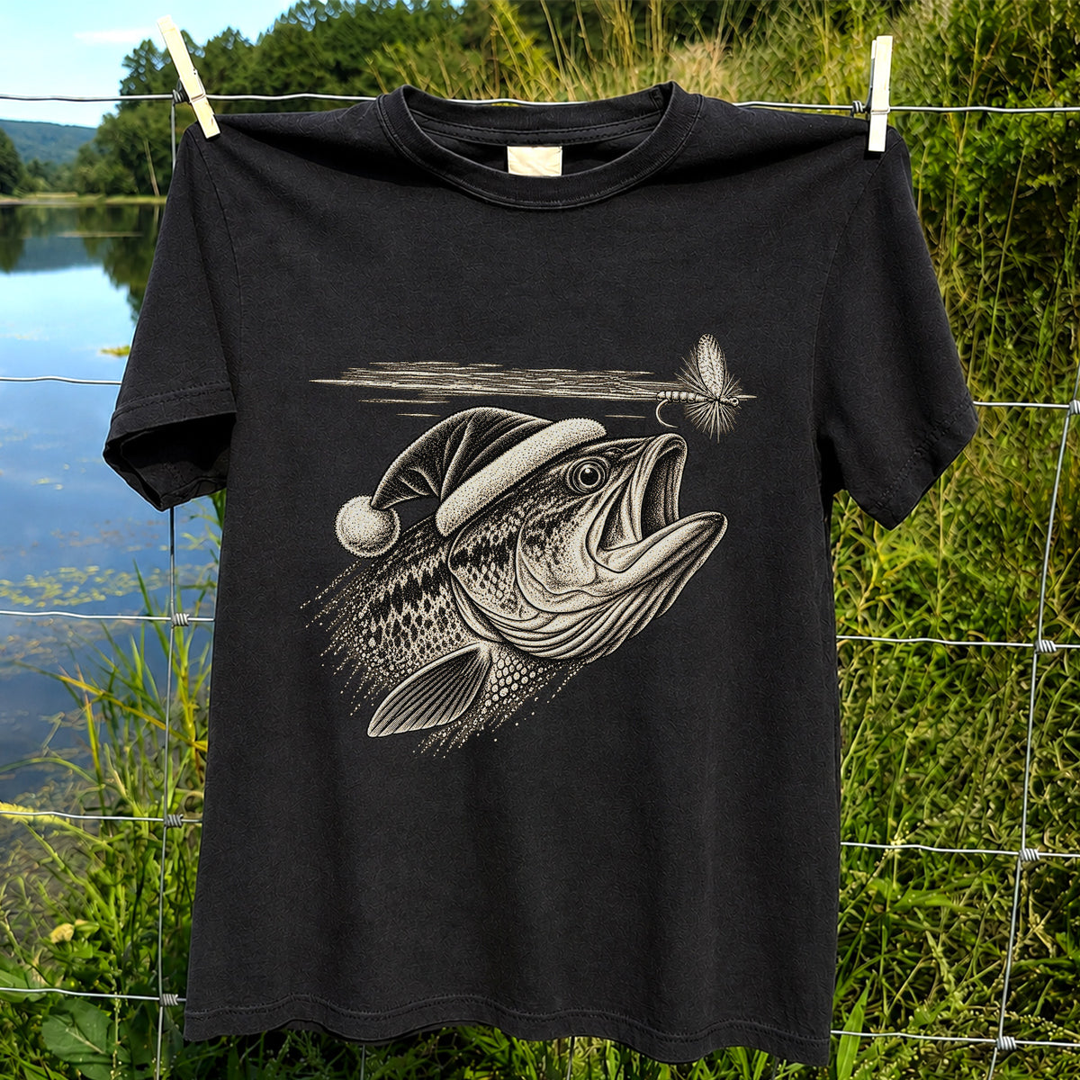 Santa Hat Bass Chasing a Fishing Fly Graphic T-Shirt