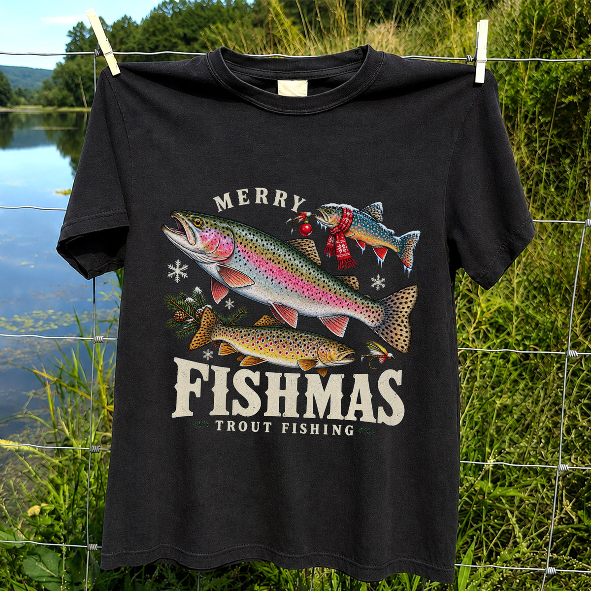 Merry Fishmas Trout Fishing Christmas Graphic T-Shirt