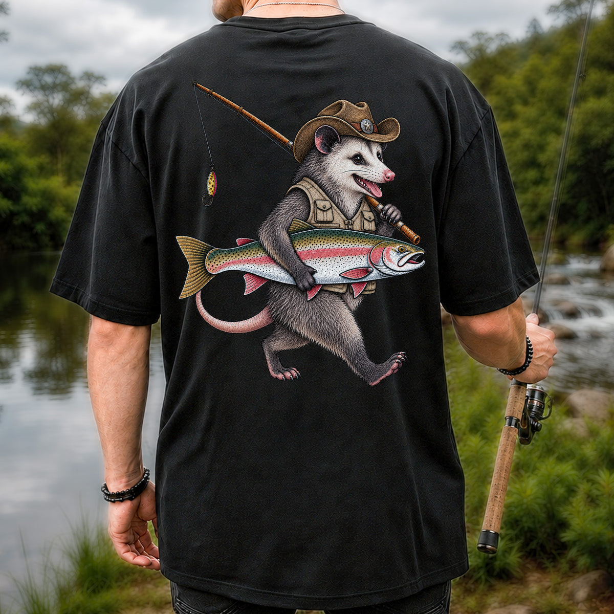 Cowboy Opossum Holding Rainbow Trout Fishing Graphic T-Shirt | Back Print