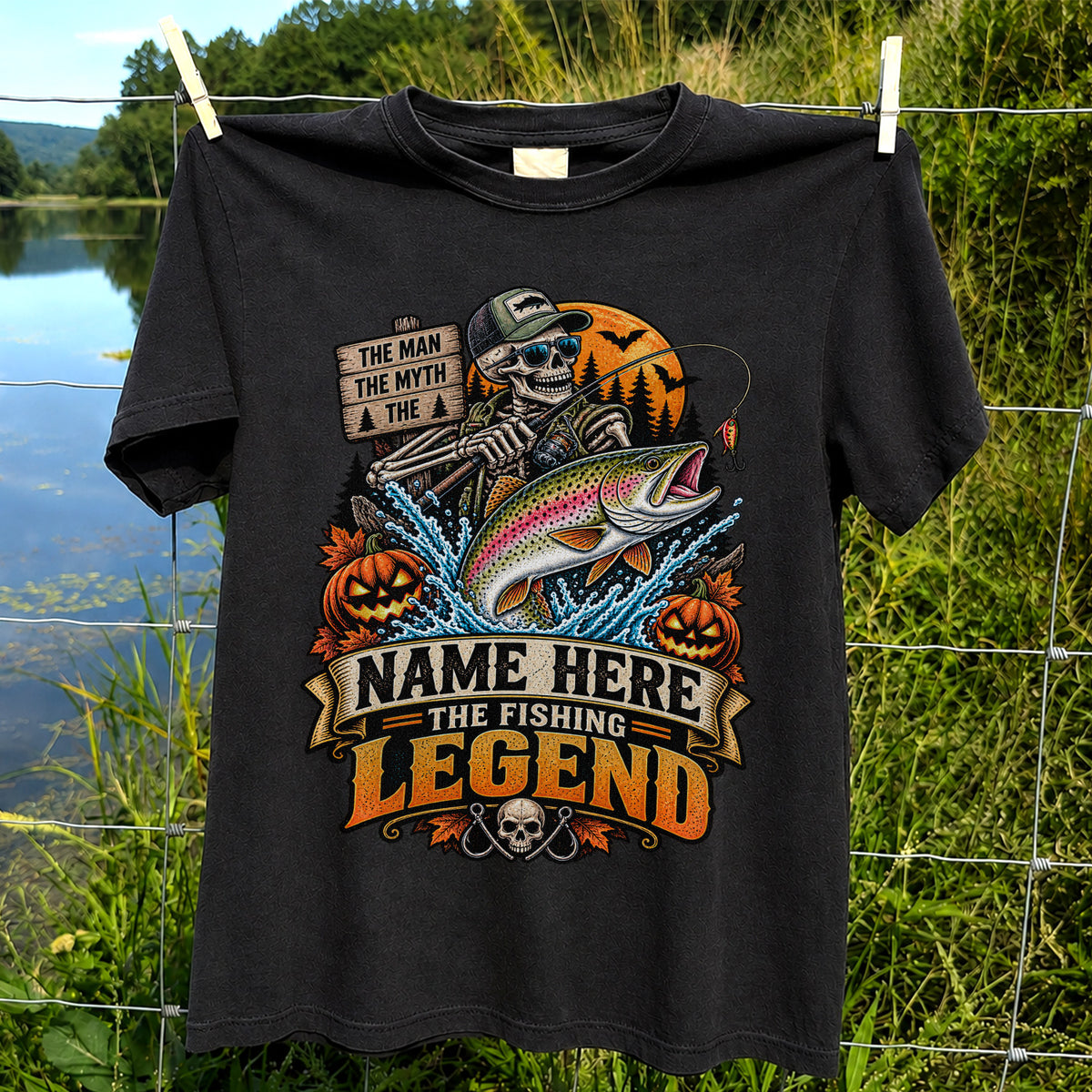 The Man The Myth The Fishing Legend Name Here Halloween Skeleton Rainbow Trout T-Shirt