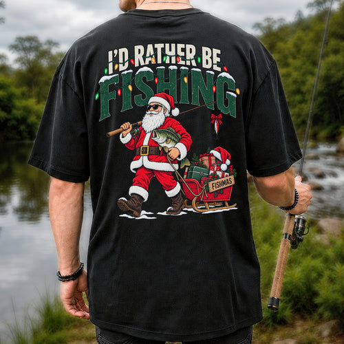 Santa Fishing with Bass Christmas Graphic T-Shirt | Back Print