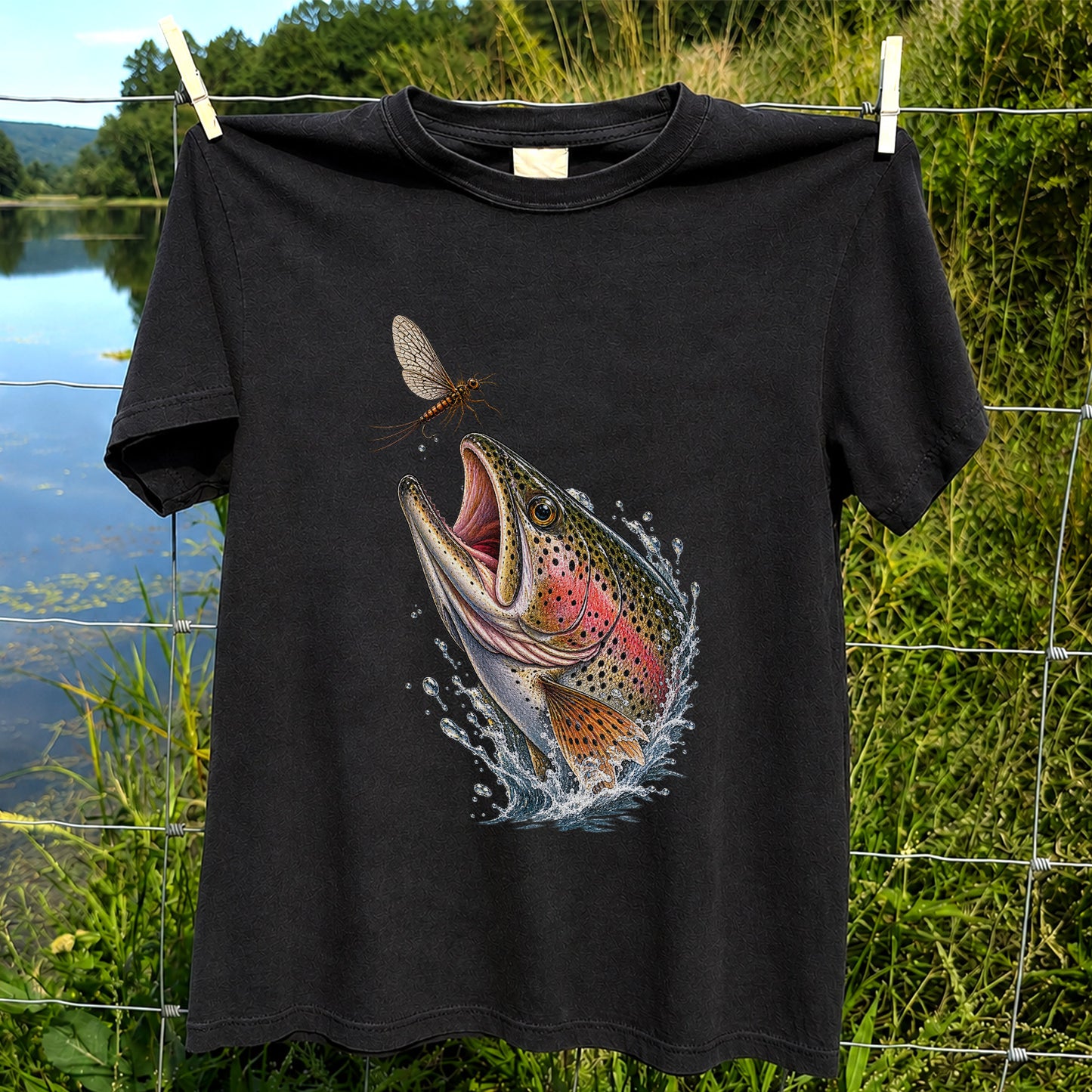 Rainbow Trout Chasing Mayfly Fishing Graphic T-Shirt