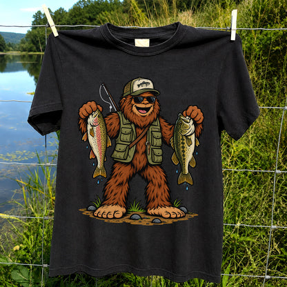 Bigfoot Holding Rainbow Trout and Bass Fishing Graphic T-Shirt